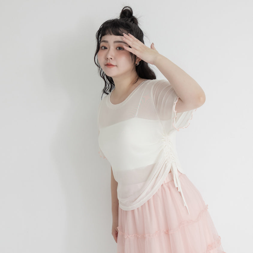 Side Drawstring Sheer Ruffle Sleeve Plus Size Top