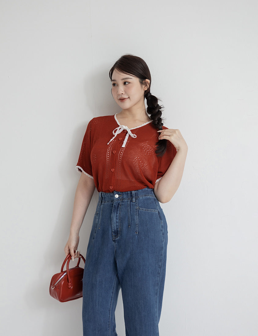 Lace Collar Heart Cutout Plus Size Knit Cardigan