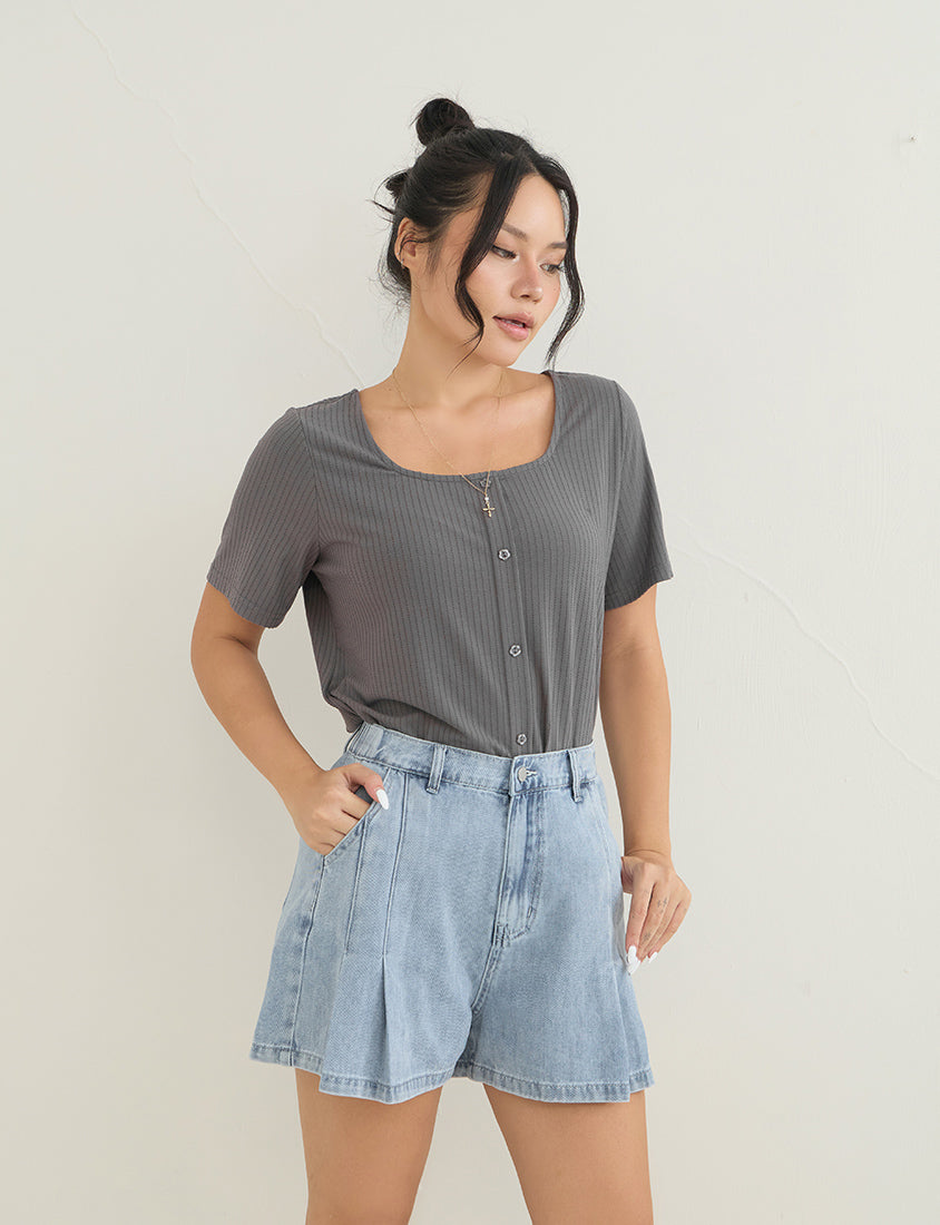 Square Neck Floral Faux Button Waffle Plus Size Top