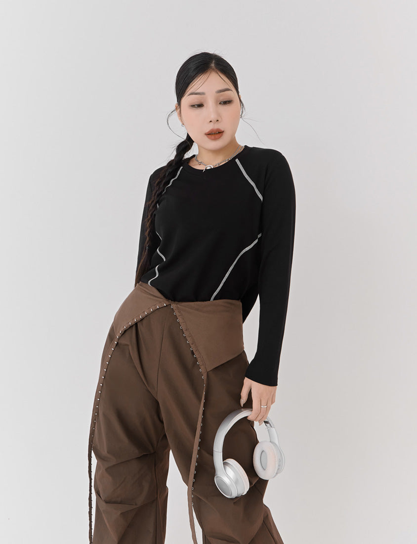 Round Neck Colorblock Topstitch Plus Size Slim Fit Top