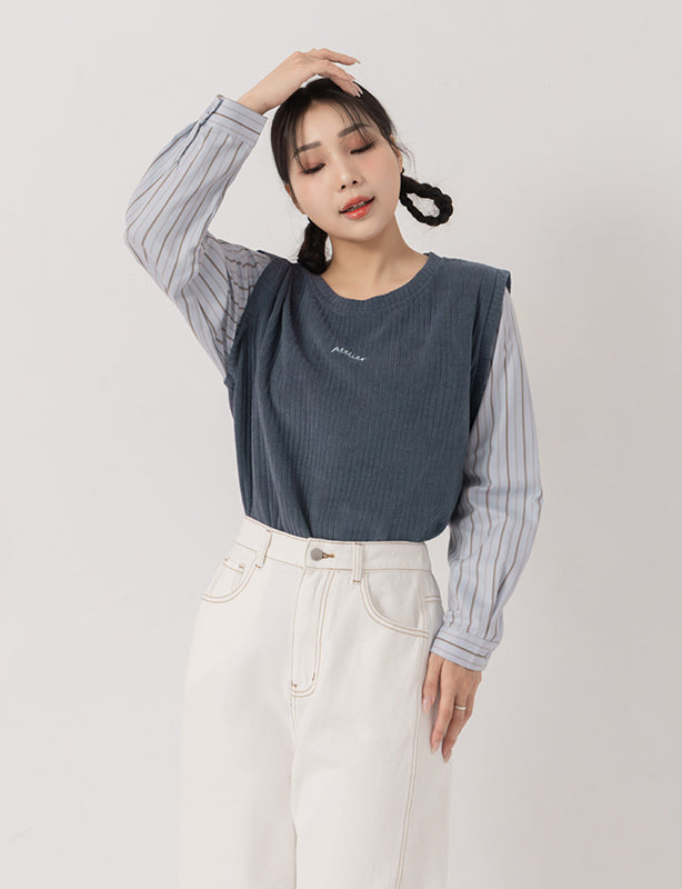 Round Neck Faux Layered Small Embroidery Plus Size Striped Top