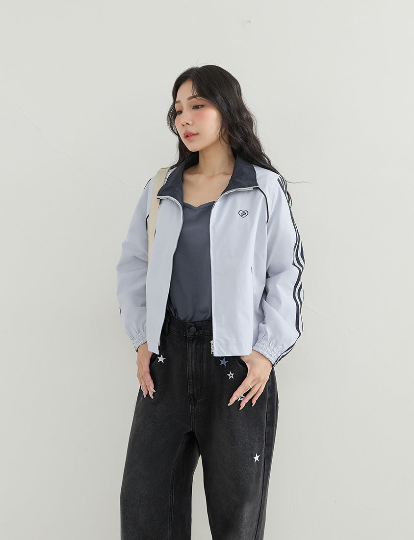 Korean-Inspired Retro Contrast Sporty Stand Collar Plus Size Jacket