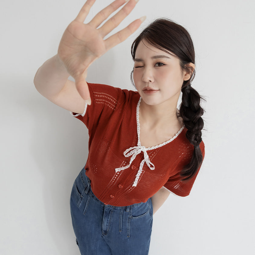 Lace Collar Heart Cutout Plus Size Knit Cardigan