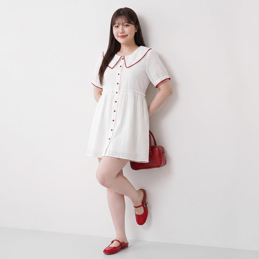 Crinkle Contrast Button-Up Plus Size Mini Dress