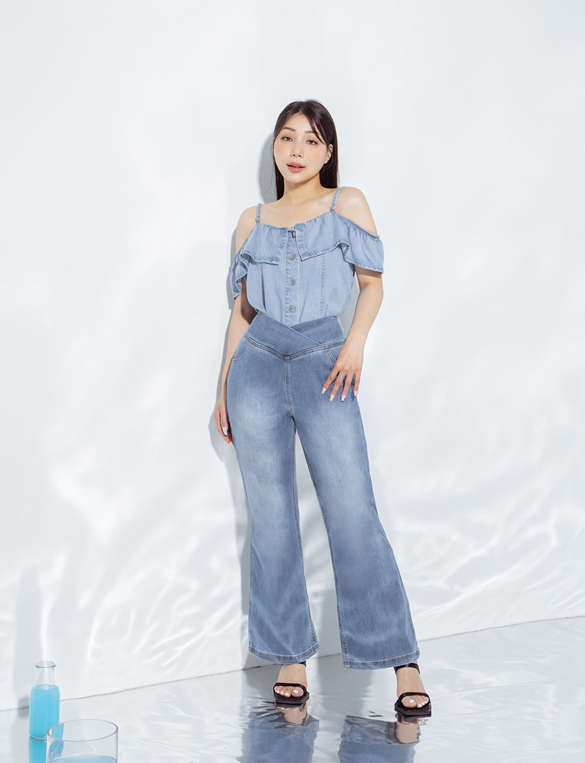 Tencel Silky Denim Ruffle Plus Size Off-Shoulder Top