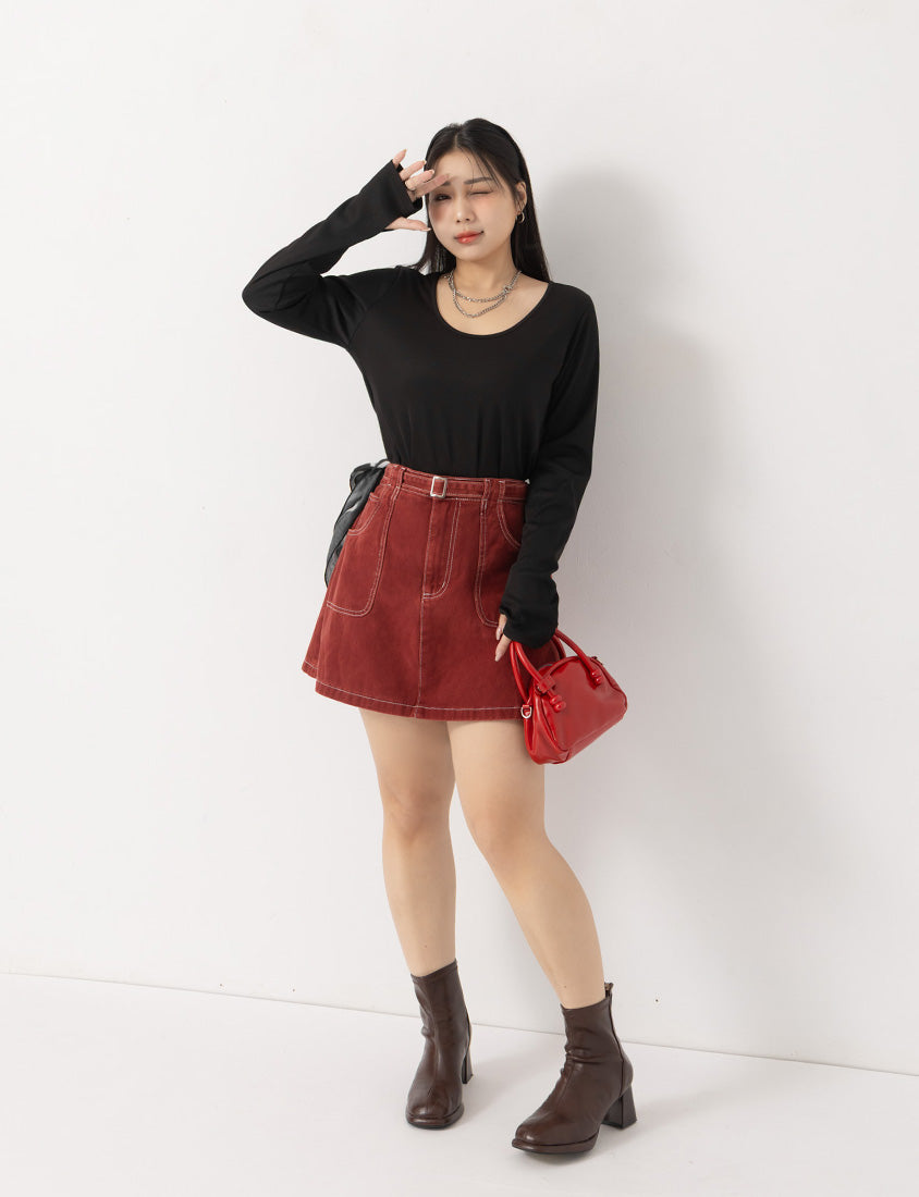 MUA! U-Neck Ribbed Curved Hem Plus Size Long Sleeve Top