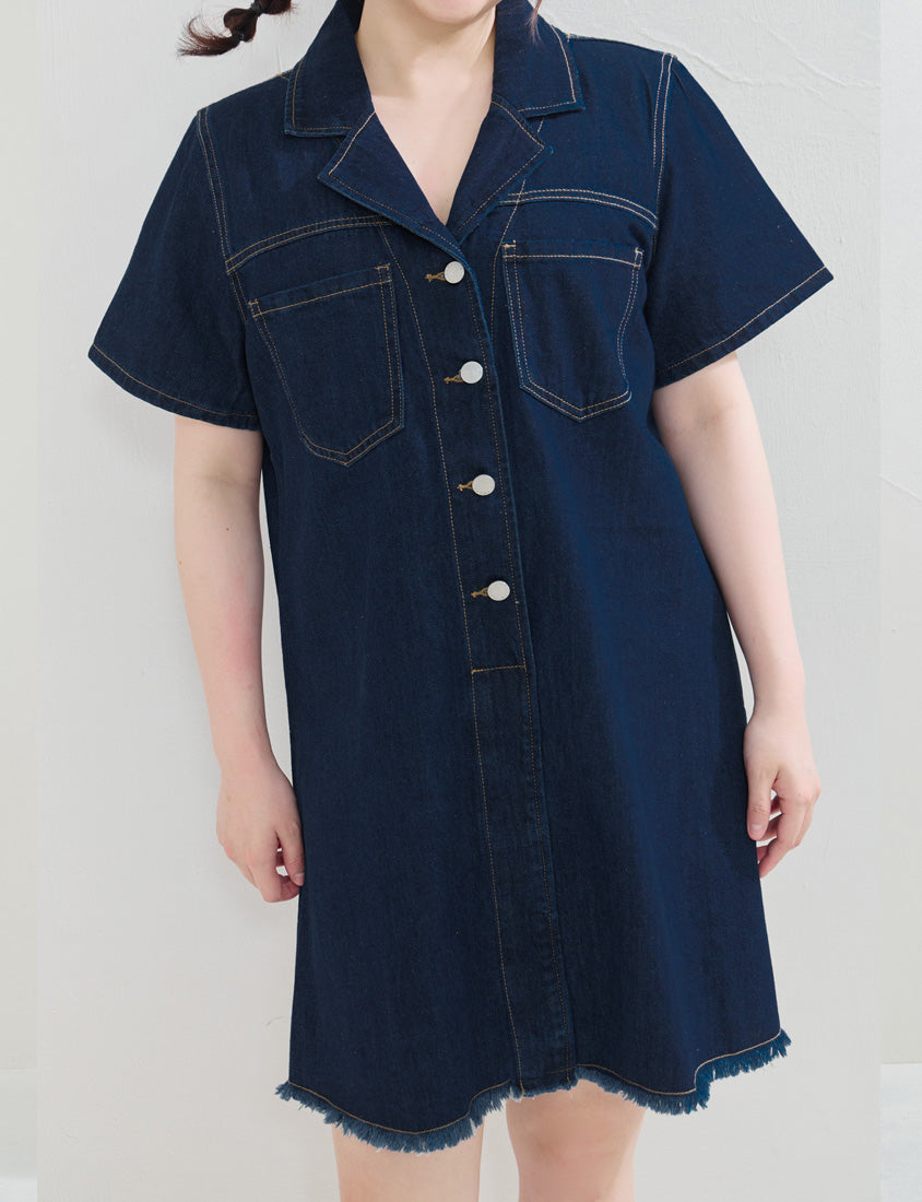 Frayed Hem Pocket Denim Plus Size Mini Dress