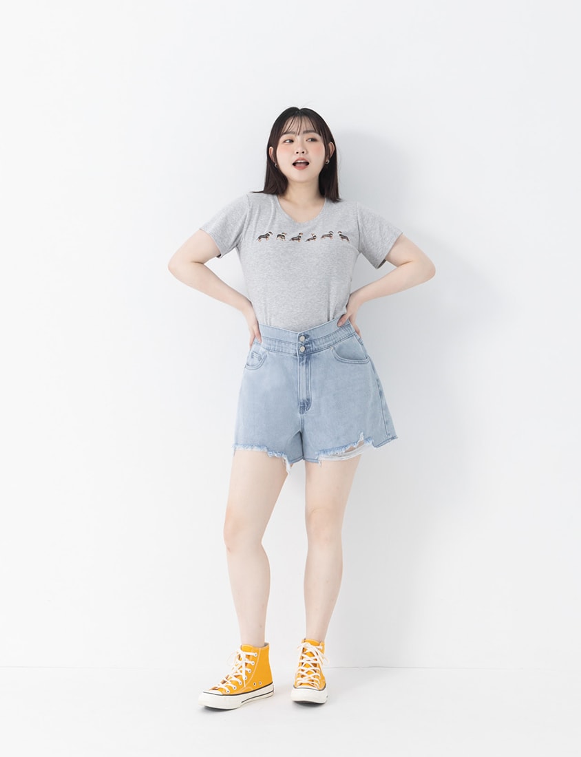 Tencel Silky Denim Double Button Distressed Plus Size Shorts