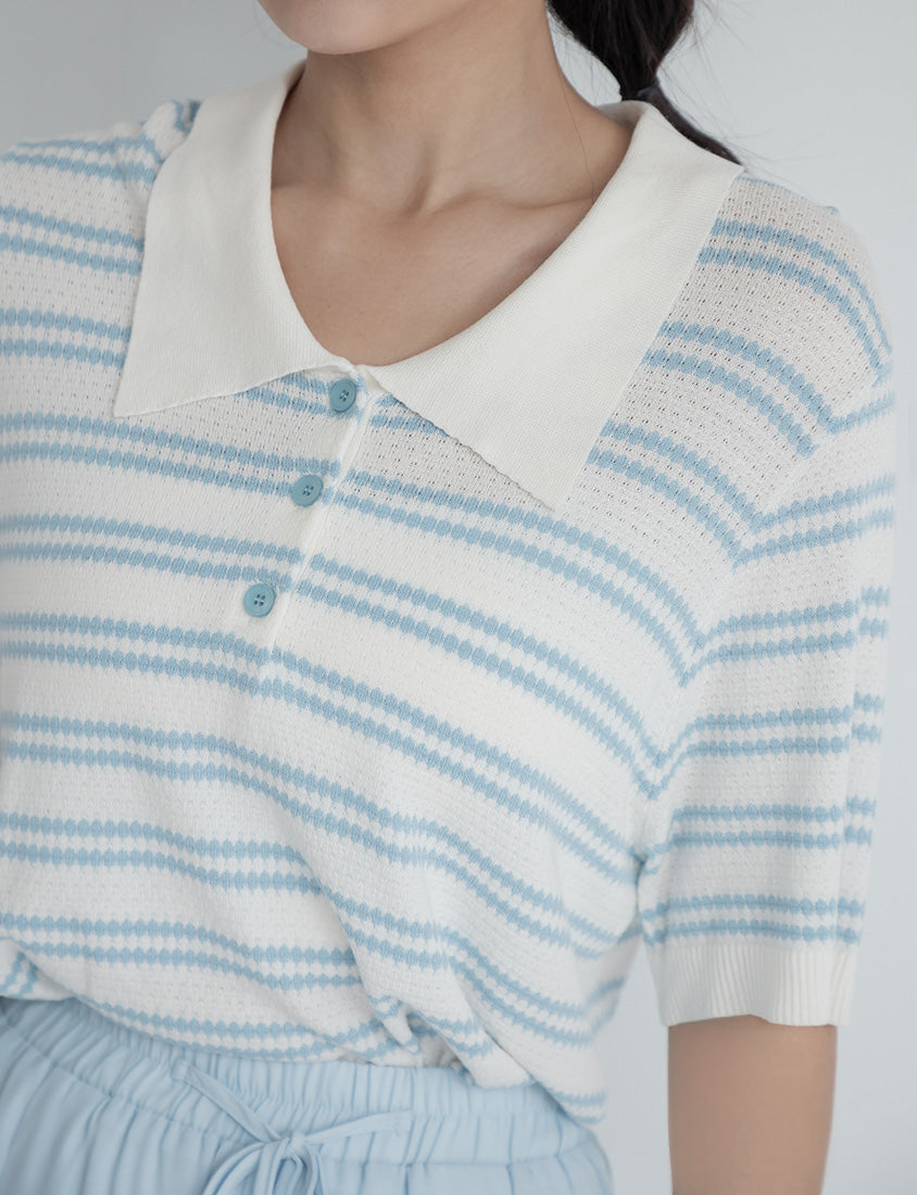 Collared Striped Knit Short Sleeve Plus Size Top