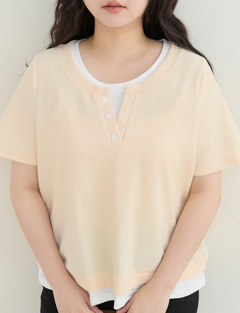 Waffle Knit Faux Two-Piece Plus Size Top