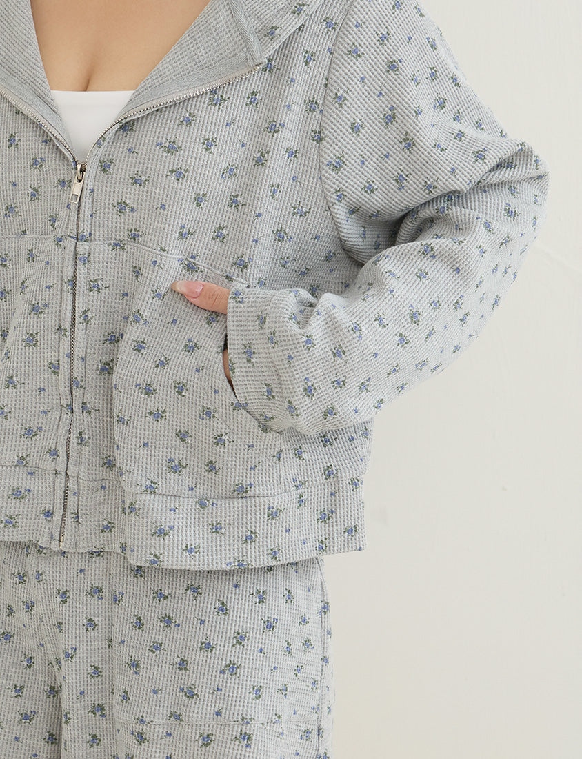 Sweet Floral Waffle Cropped Plus Size Hoodie