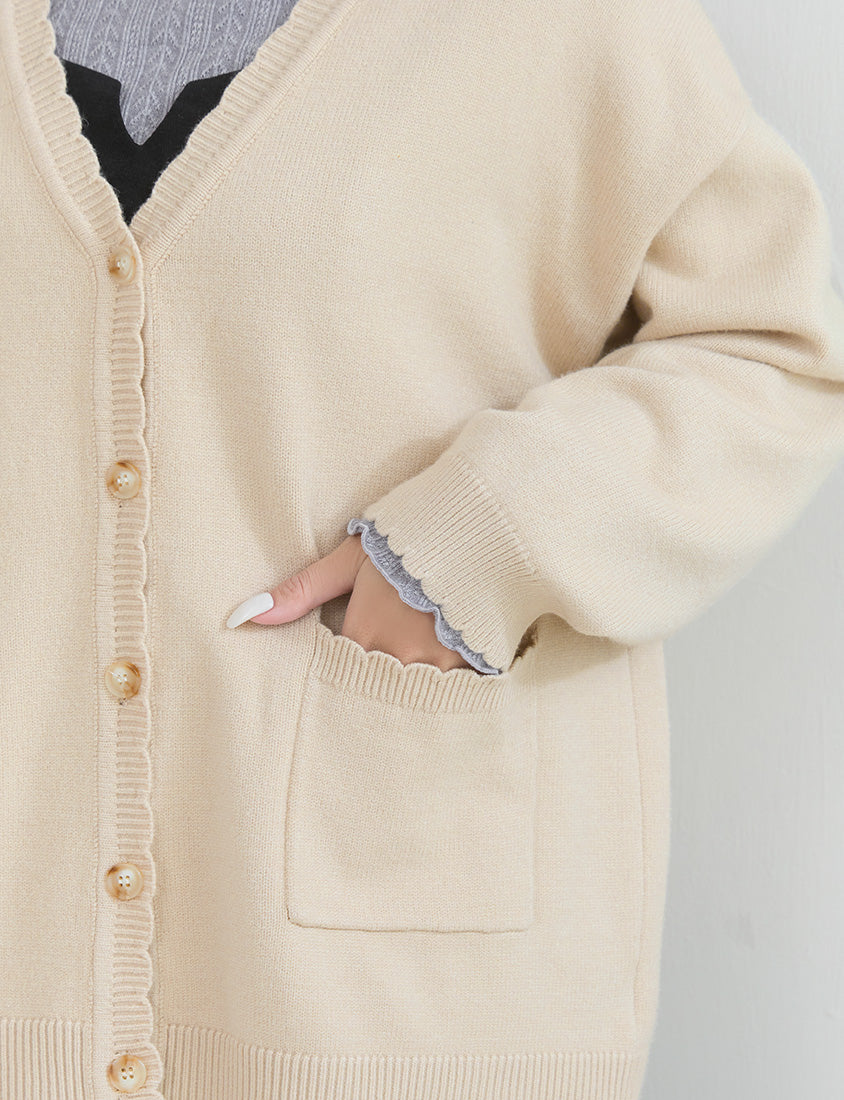 Cute Lettuce Trim V-Neck Knit Plus Size Cardigan
