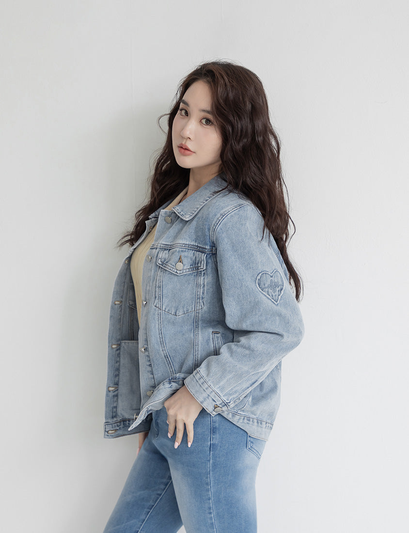 Heartbeat Applique Embroidered Oversized Denim Jacket (Unisex)