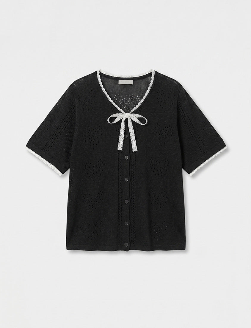Lace Collar Heart Cutout Plus Size Knit Cardigan