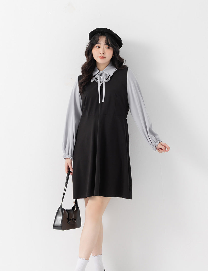 Preppy Contrast Color Faux Two-Piece Plus Size Mini Dress (With Tie)