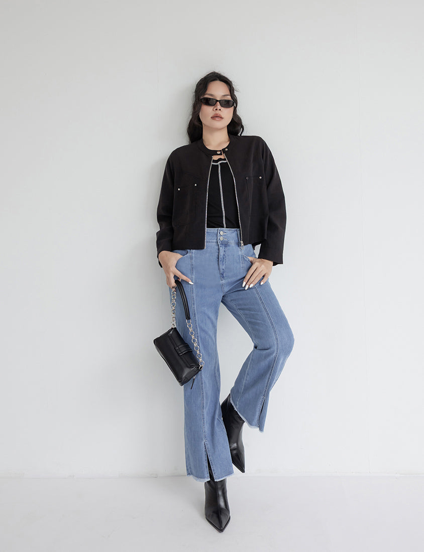 MUA! Lyocell Linen Contrast Stitch Plus Size Moto Jacket