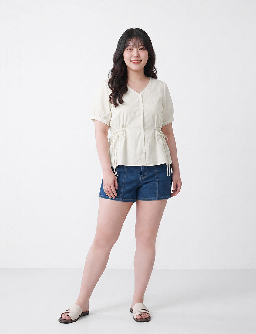 V-Neck Button Front Tie Waist Plus Size Top