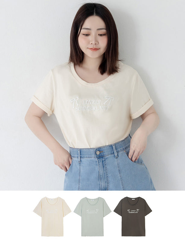 Sweet Bow Embroidery Plus Size Tee