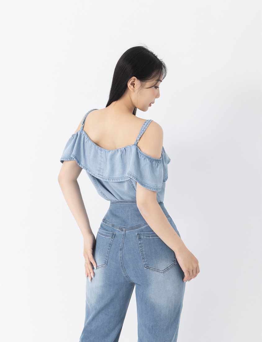 Tencel Silky Denim Ruffle Plus Size Off-Shoulder Top