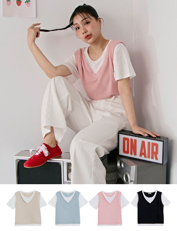 Contrast Waffle Faux Two Piece Plus Size Tee