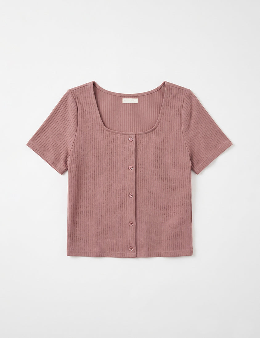 Square Neck Floral Faux Button Waffle Plus Size Top
