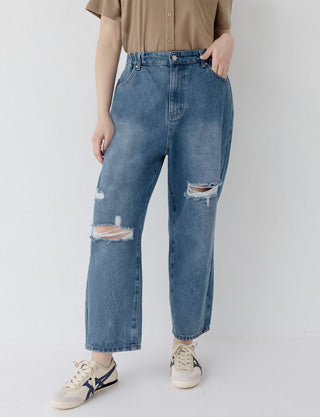 Distressed Side Elastic Waist Plus Size Boyfriend Jeans