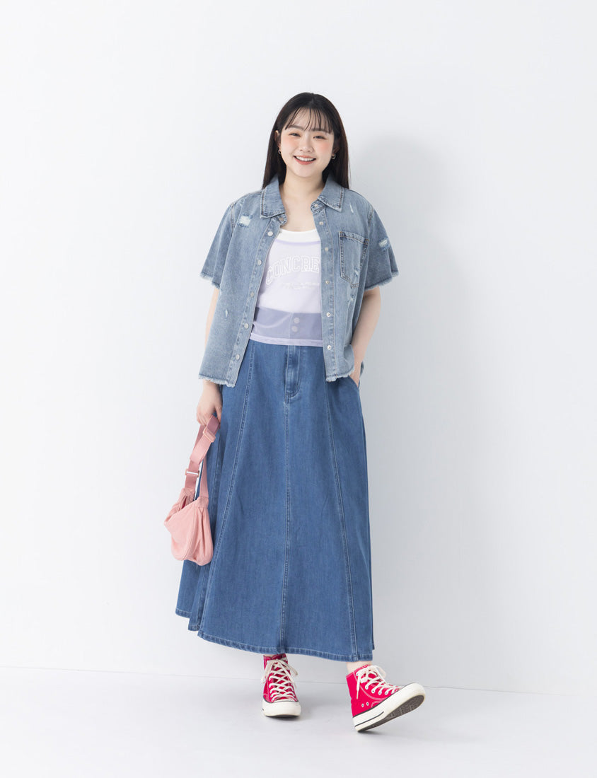 Tencel Silky Denim Distressed Plus Size Shirt Jacket
