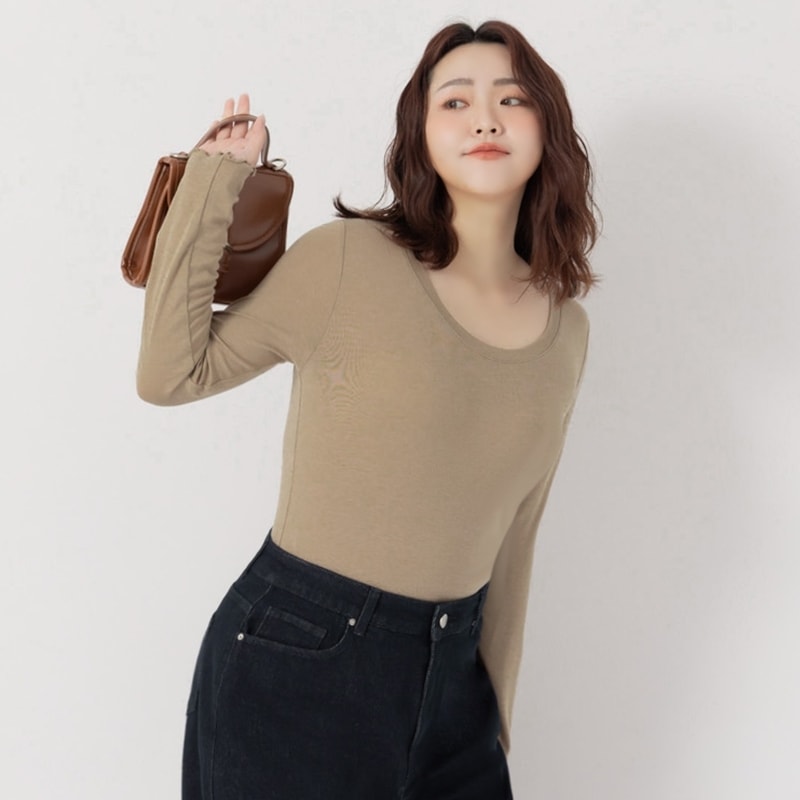 Sheer Tencel Wool Crew Neck Plus Size Long Sleeve Top