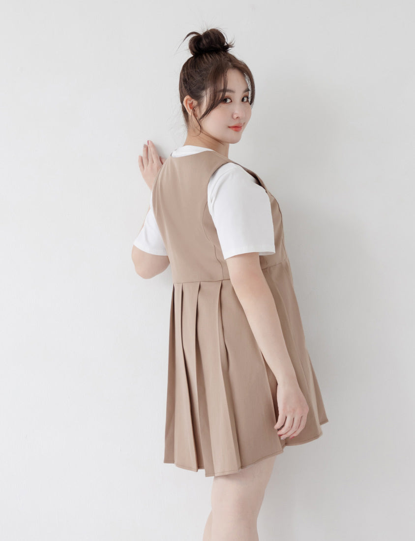 Square Neck Button Pleated Plus Size Mini Dress