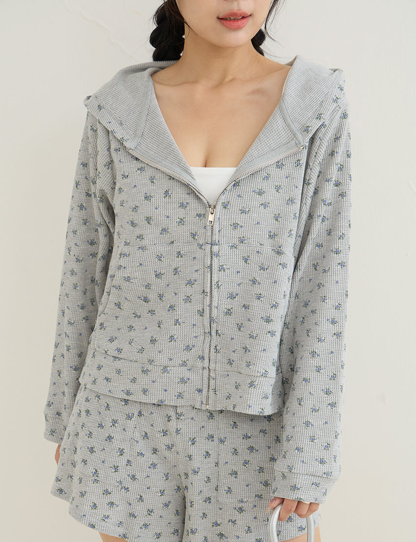 Sweet Floral Waffle Cropped Plus Size Hoodie