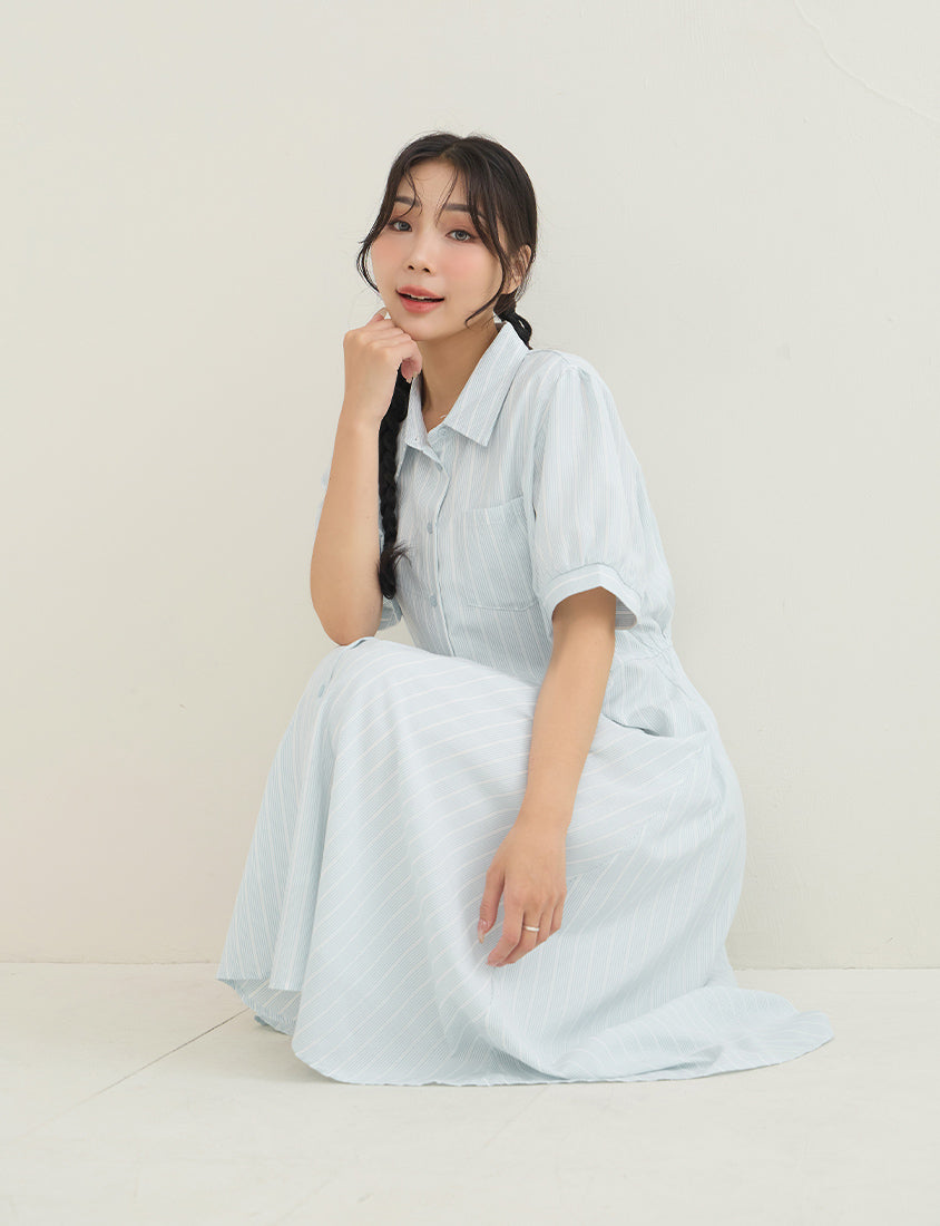 Japanese Contrast Stripe Shirt Collar Plus Size Maxi Dress