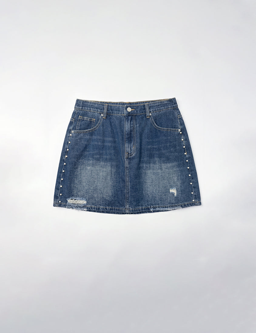 MUA! Side Pearl Studded Distressed Denim Plus Size Mini Skirt