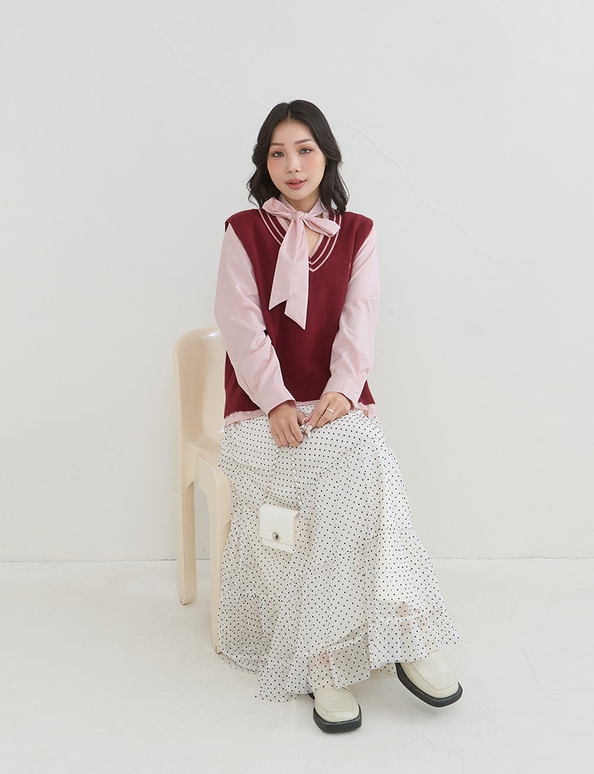 Korean Style Tie Neck Long Sleeve Plus Size Blouse