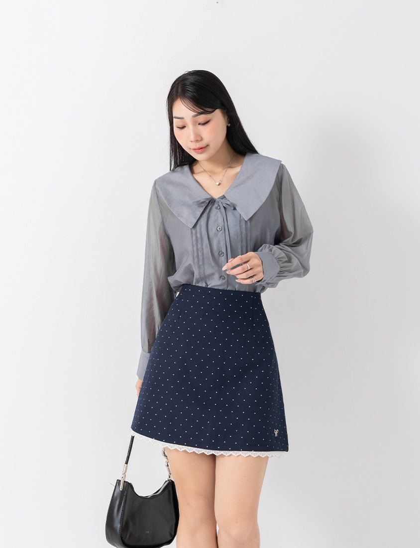 MISS. Lace Trim Polka Dot Tailored A-Line Suit Plus Size Mini Skirt