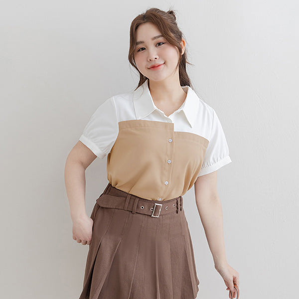 Faux Two-Piece Asymmetric Color-Block Plus Size Shirt