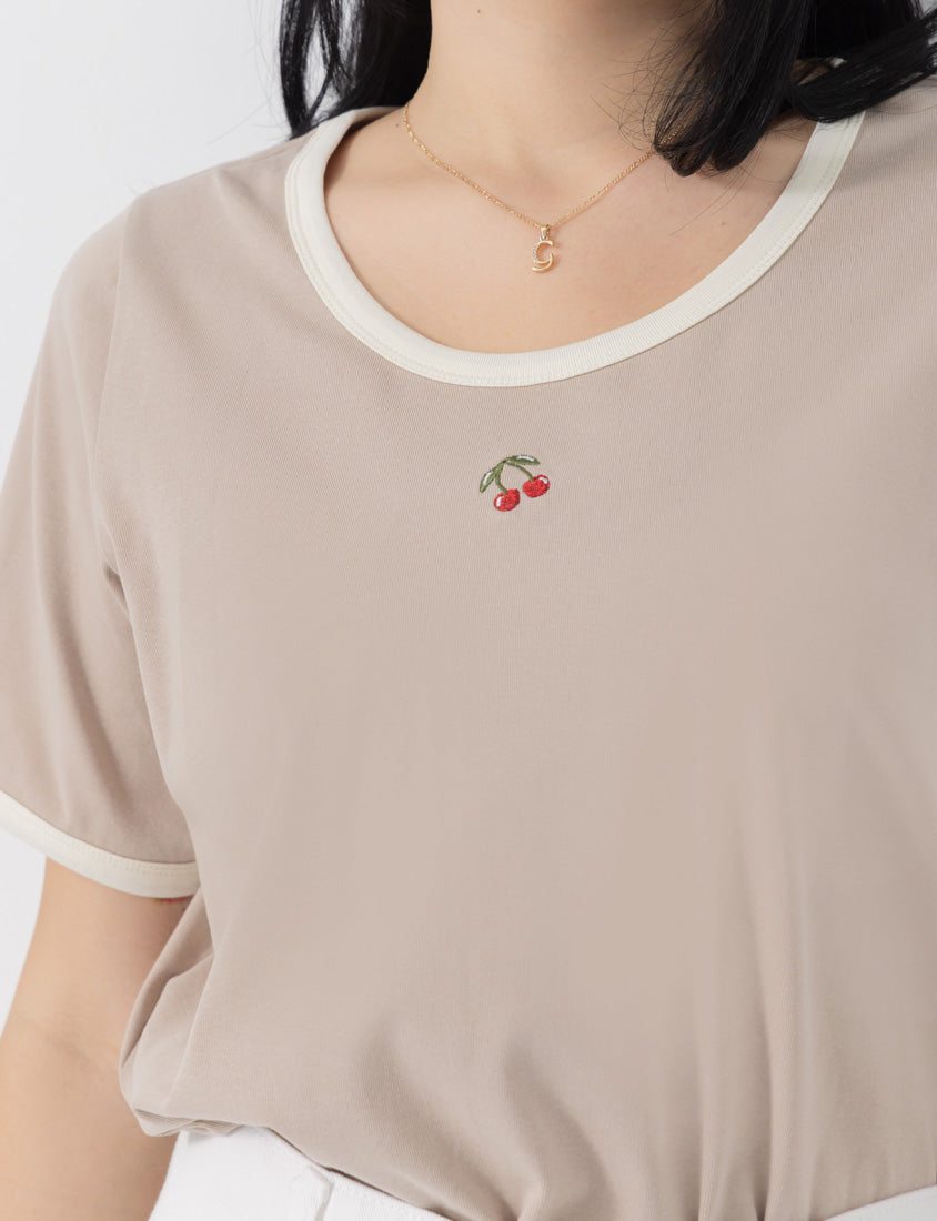 Contrast Cherry Embroidery Crewneck Plus Size Tee