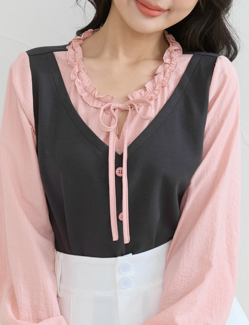 Romantic Ruffle Collar Faux Two Piece Plus Size Top