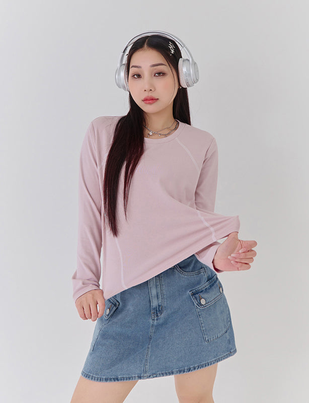 Round Neck Colorblock Topstitch Plus Size Slim Fit Top