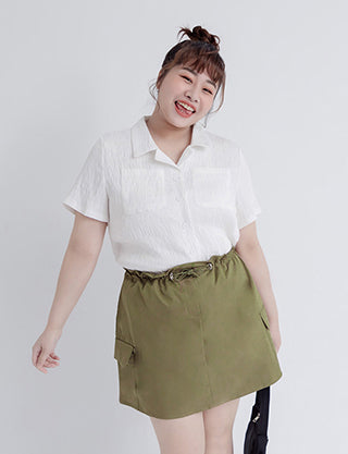 Cuban Collar Crinkled Texture Large Pocket Plus Size Shirt