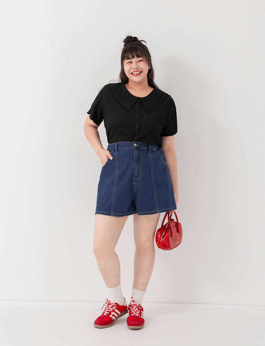 Collared Crinkle Faux Button Short Sleeve Top