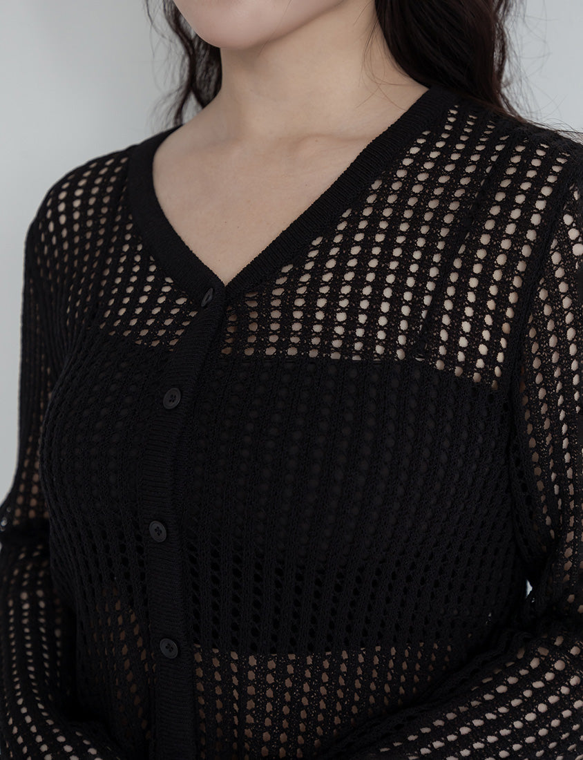V-Neck Ice Silk Openwork Knit Plus Size Cardigan