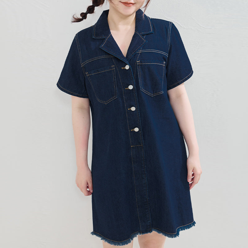Frayed Hem Pocket Denim Plus Size Mini Dress