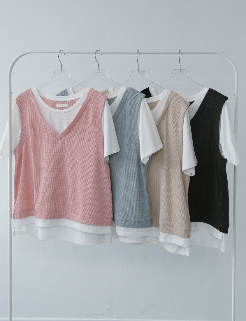 Contrast Waffle Faux Two Piece Plus Size Tee