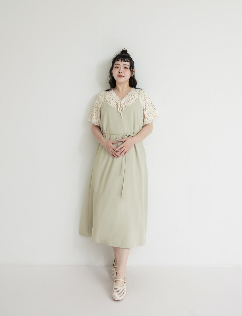 Wrinkle-Resistant A-Line Plus Size Cami Maxi Dress (With Waist Tie)