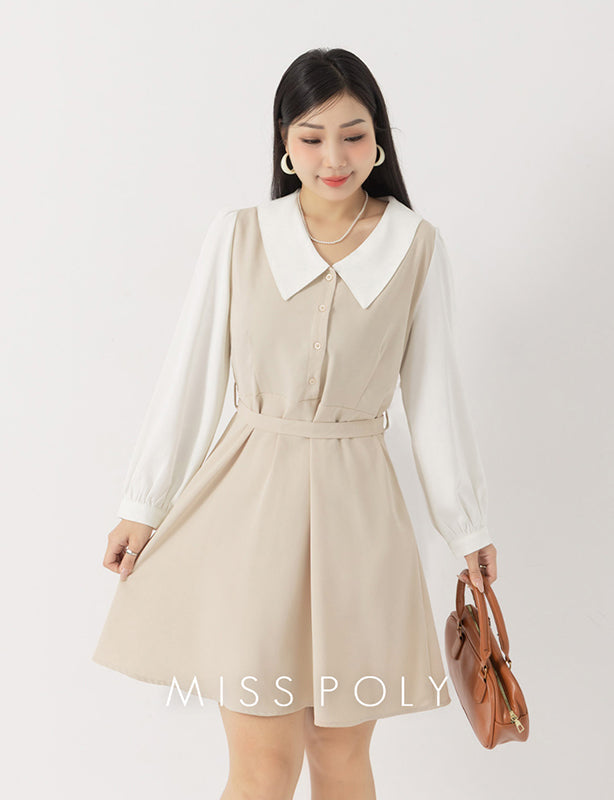 MISS. Faux Two Piece Chiffon Plus Size Long Sleeve Dress (With Waist Tie)