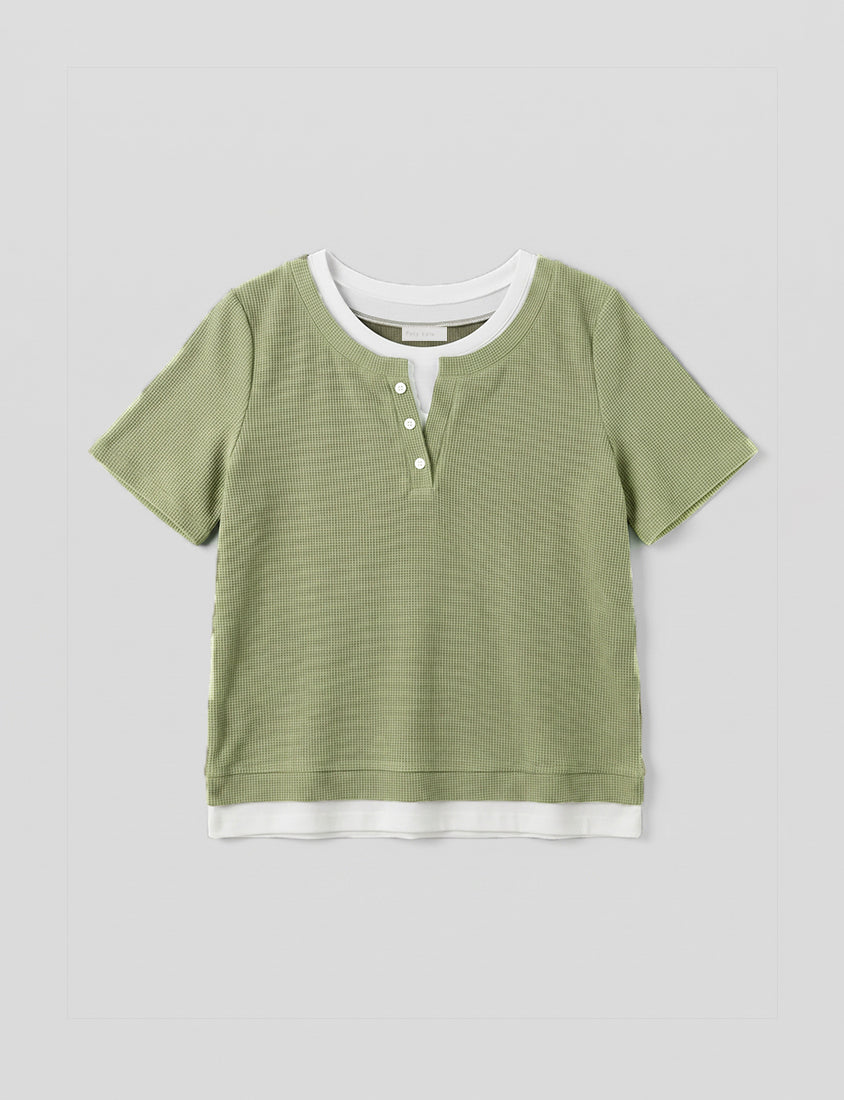 Waffle Knit Faux Two-Piece Plus Size Top