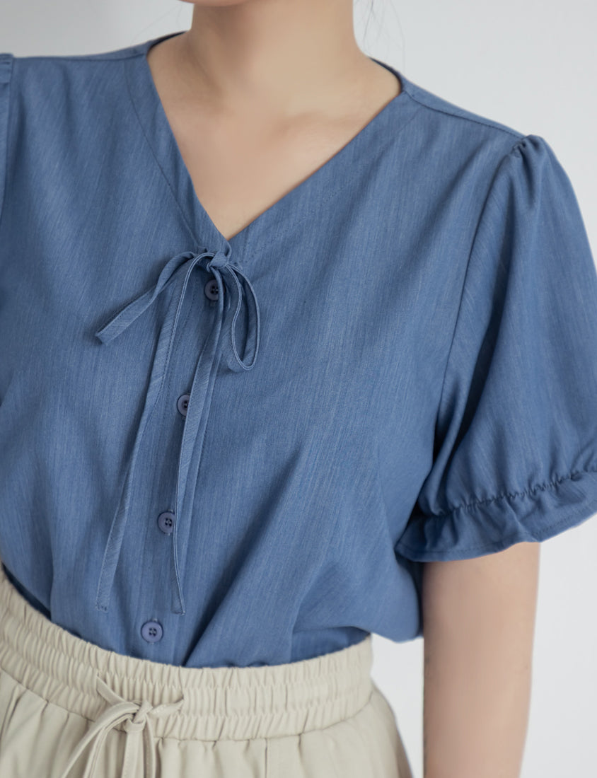 Cooling Tencel Silky Denim-Like Puff Sleeve Plus Size Shirt