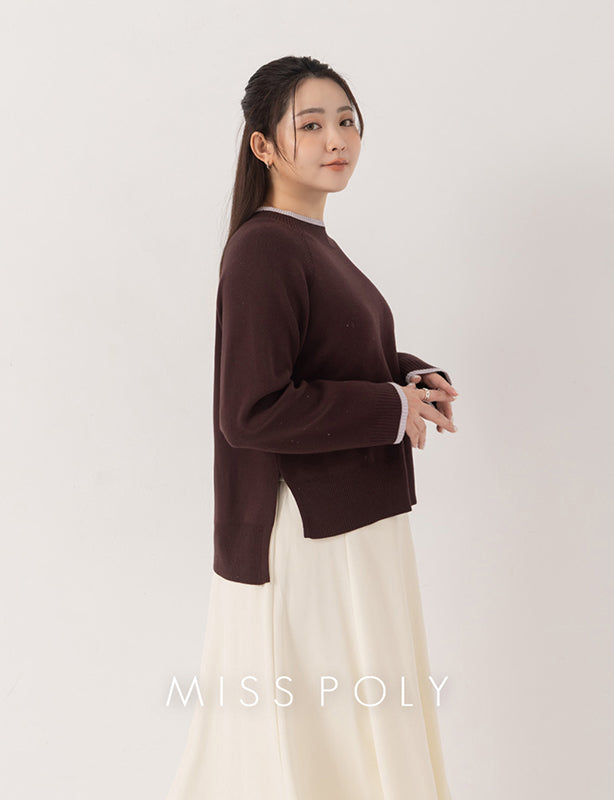 MISS. Versatile Round Neck Side Slit Colorblock Plus Size Knit Top