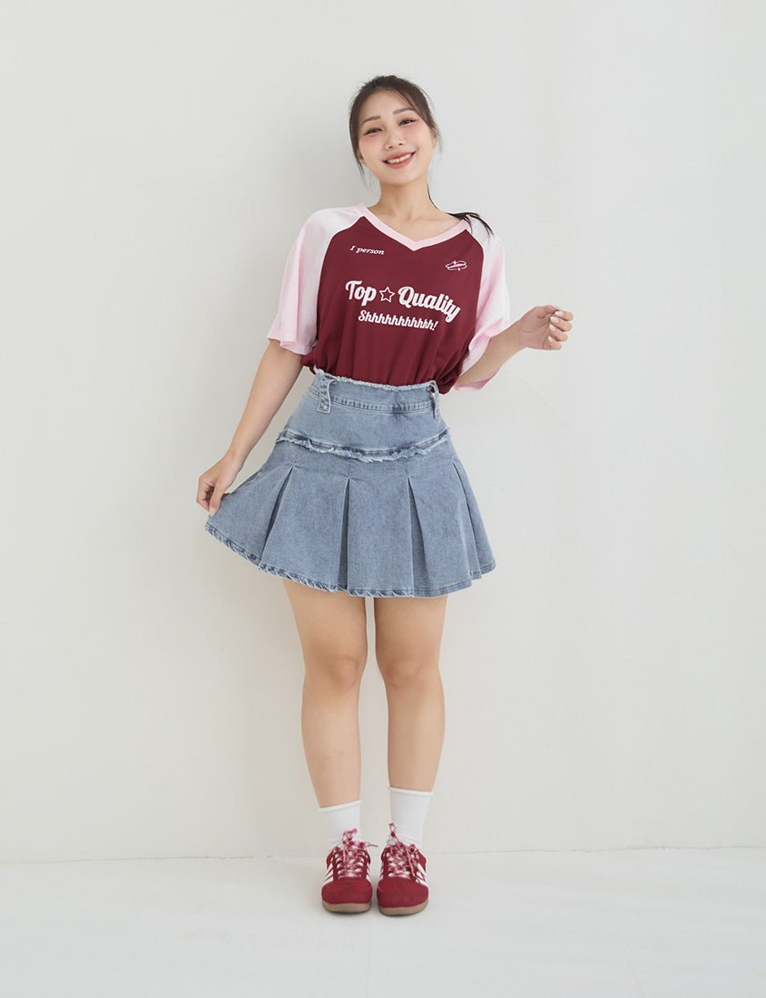 Sweet & Edgy Frayed Denim Pleated Plus Size Mini Skirt