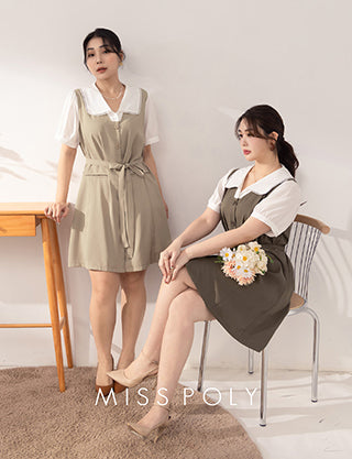 MISS. Elegant Lace Collar Plus Size Puff Sleeve Dress (With Waist Tie)